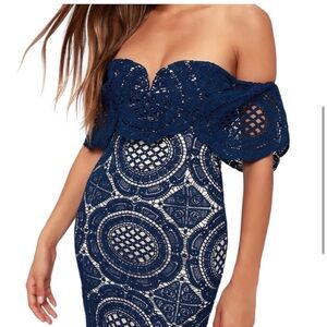 Lulus Bellisimo Elegant Navy Lace Off-Shoulder Dress